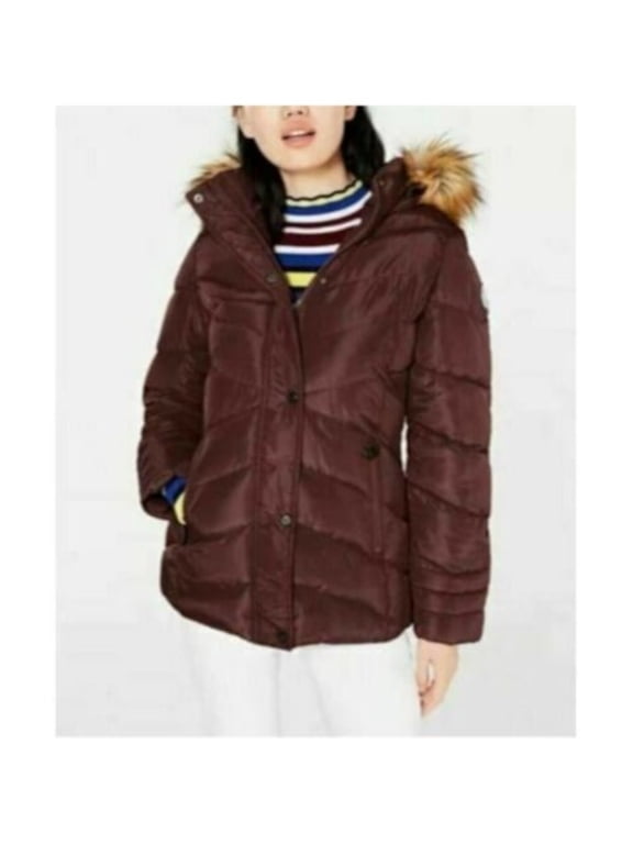 Womens Burgundy Zippered Faux Fur Hooded Pocketed Puffer Winter Jacket Coat Juniors L