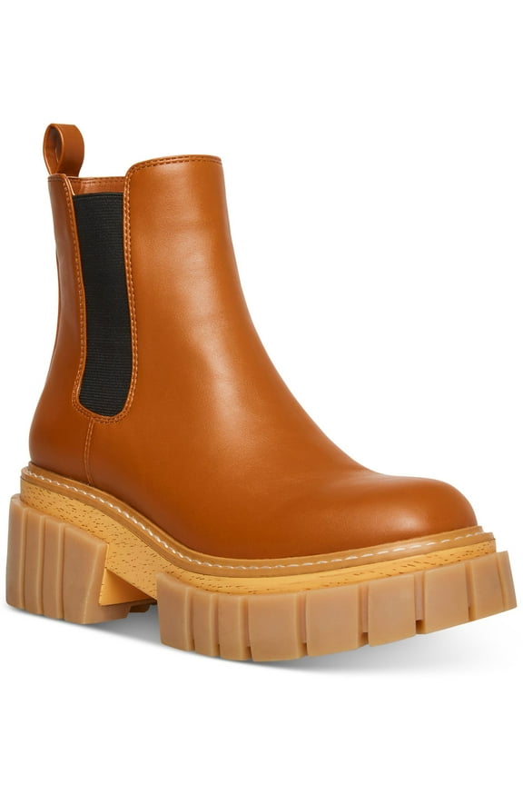 Womens Cognac Brown 1-1/2" Platform Gored Sides Lug Sole Cushioned Pheobee Round Toe Block Heel Chelsea 9.5 M