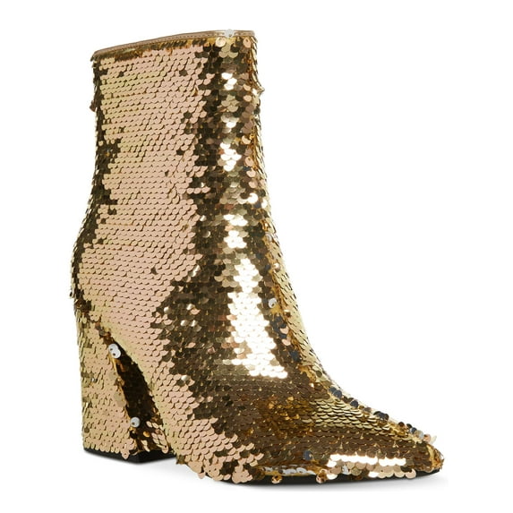 MADDEN GIRL Womens Gold Sequined Cody Pointed Toe Block Heel Zip-Up Booties 6 M
