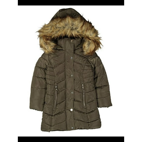 MADDEN GIRL Womens Green Zippered Faux Fur Hooded Parka Winter Jacket Coat XS