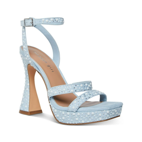 MADDEN GIRL Womens Light Blue Padded Embellished 1" Platform Adjustable Strap Ankle Strap Zanee Square Toe Flare Buckle Heeled Sandal 10 M