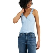 MADDEN GIRL Womens Mesh Ruffle Trim Tank Top, Blue, Juniors, Large