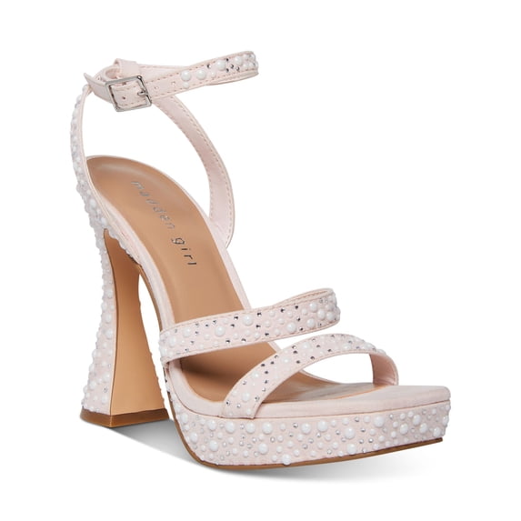 MADDEN GIRL Womens Pink Padded Embellished 1" Platform Adjustable Ankle Strap Zanee Square Toe Flare Buckle Heeled Sandal 6 M