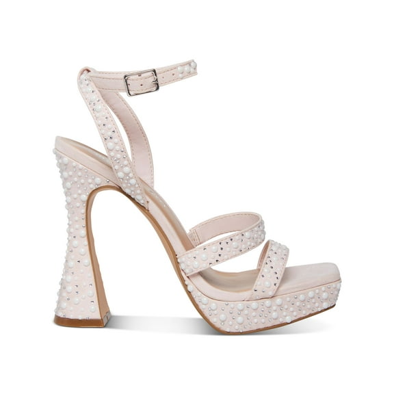 MADDEN GIRL Womens Pink Padded Embellished 1" Platform Adjustable Strap Ankle Strap Zanee Square Toe Flare Buckle Heeled Sandal 8.5 M