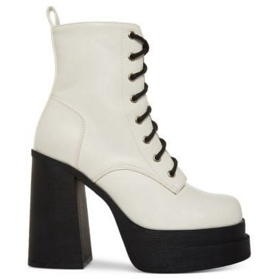 MADDEN GIRL Womens White 1-1/2" Platform Comfort Lace Driven Round Toe Block Heel Zip-Up Combat Boots 6 M