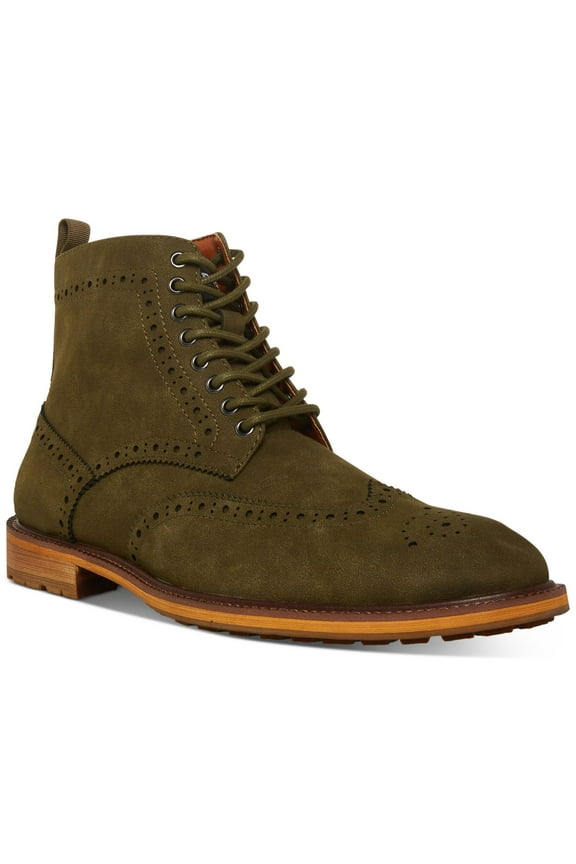 Mens Olive Green Brogue Detailing Lace-Up Front Heel Pull-Tab Padded Remppr Wingtip Toe Block Heel Zip-Up Boots Shoes 8