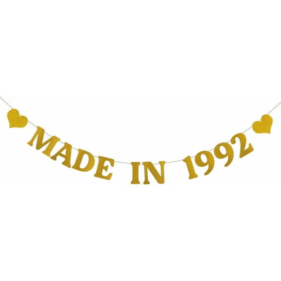 MADE IN 1992 Banner, Pre-Strung,Funny Gold Glitter Paper Party Decorations for 33rd Birthday Party Supplies, Letters Gold