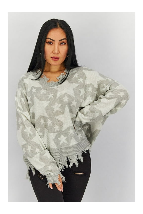 Womens Gray Fringed Pullover Long Sleeve Round Neck Sweater Plus 2X