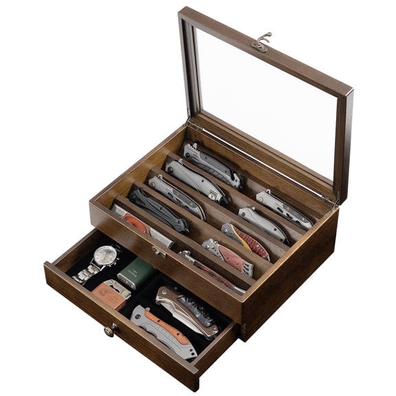 Amoard Wood Glass Lid, 2 Layer, with Drawer Knife Display Case