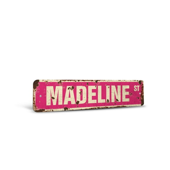 MADELINE Vintage Style Rustic Street Sign – Childrens Name Room Sign Retro Decorative Wall Sign for Home, Bar, Garage, or Outdoor Use | 4" X 18" Aluminum Metal Road Sign