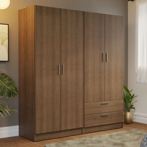 MADESA 4 Doors 2 Drawers Wardrobe Set Armoire Closet Bedroom Storage Cabinet with Shelves and Hanging Space 63"L Wooden Clothing Organizer Unit - Rustic