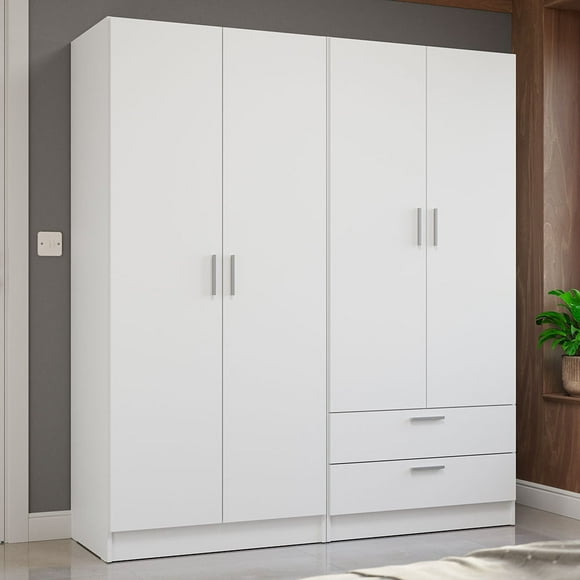 MADESA 4 Doors 2 Drawers Wardrobe Set Armoire Closet Bedroom Storage Cabinet with Shelves and Hanging Space 63"L Wooden Clothing Organizer Unit - White