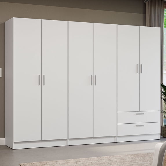 MADESA 6 Doors 2 Drawers Wardrobe Set Armoire Closet Bedroom Storage Cabinet with Shelves and Hanging Space 94"L Wooden Clothing Organizer Unit - White