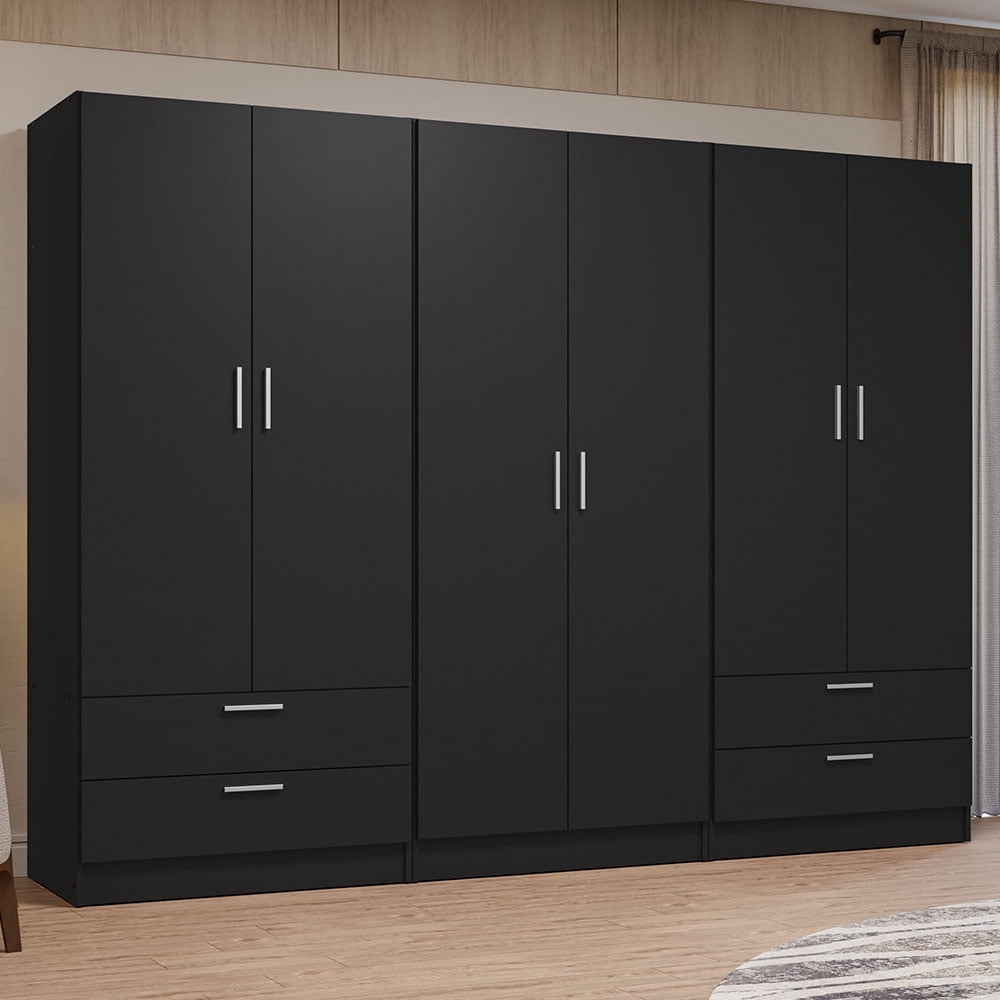 MADESA 6 Doors 4 Drawers Wardrobe Set Armoire Closet Bedroom Storage Cabinet with Shelves and Hanging Space 94"L Wooden Clothing Organizer Unit - Black
