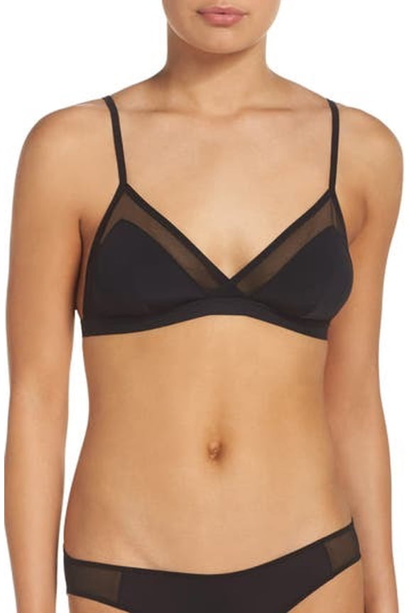 Womens Bralette Deep Micro Mesh V-Neck Solid Black XS