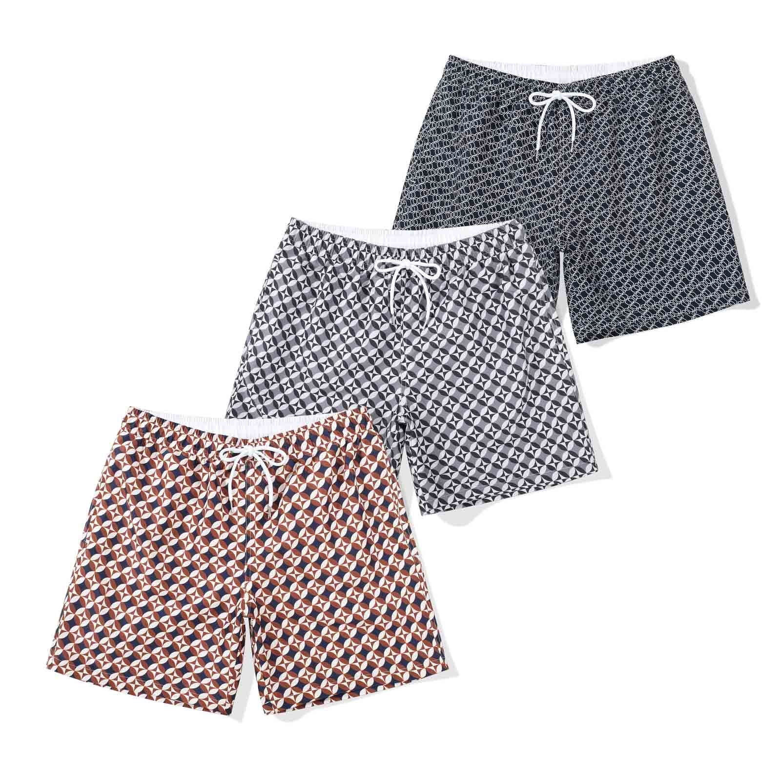 MADHERO 3 Pack Mens Swim Trunks with Mesh Lining Quick Dry Swim Shorts Bathing Suit Swimswear Black Net/ Dark Grey Roller/ Brown Roller Size L