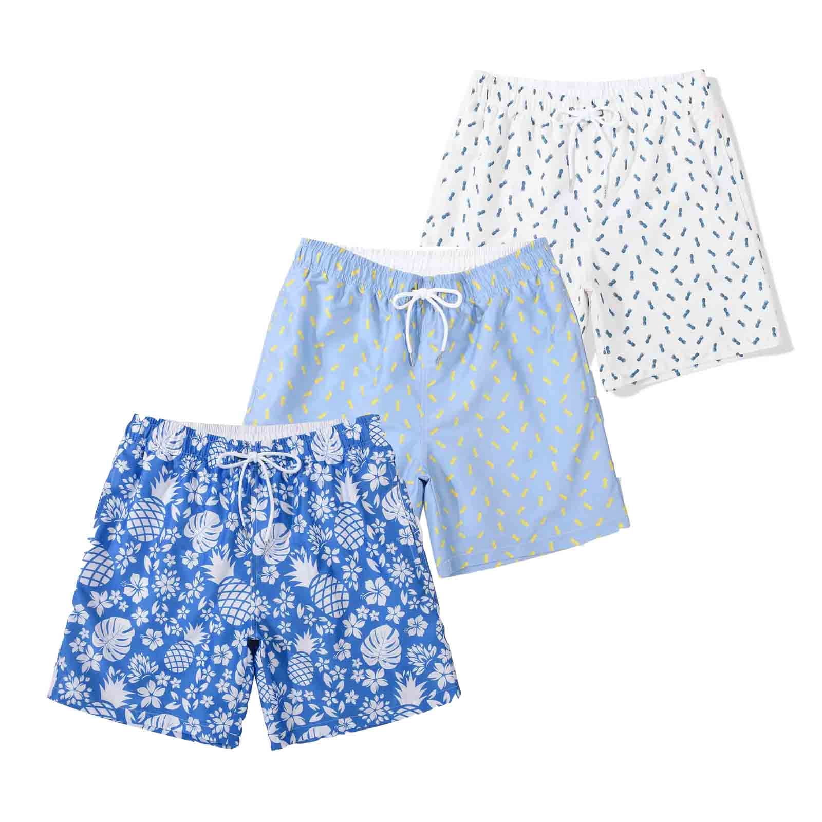 MADHERO 3 Pack Mens Swim Trunks with Mesh Lining Quick Dry Swim Shorts Bathing Suit Swimswear Blue White/ Blue/ Beige Pineapple Size M