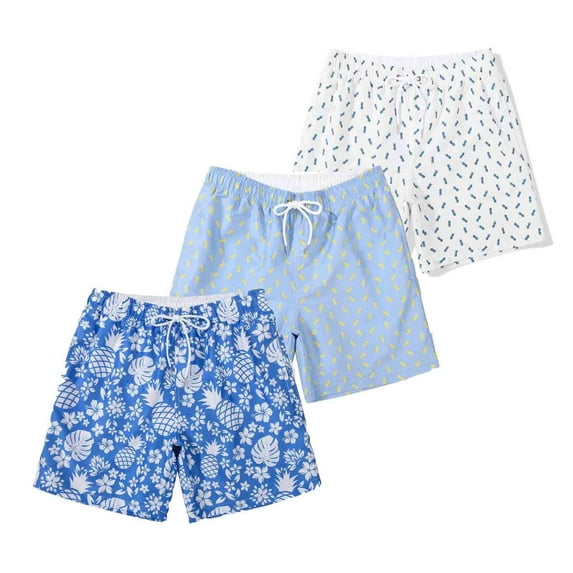 MADHERO 3 Pack Mens Swim Trunks with Mesh Lining Quick Dry Swim Shorts Bathing Suit Swimswear Blue White/ Blue/ Beige Pineapple Size M