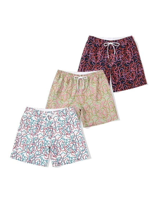 3 Pack Mens Swim Trunks with Mesh Lining Quick Dry Swim Shorts Bathing Suit Swimswear Navy Blue/ Green/ Beige Threadlet Size L