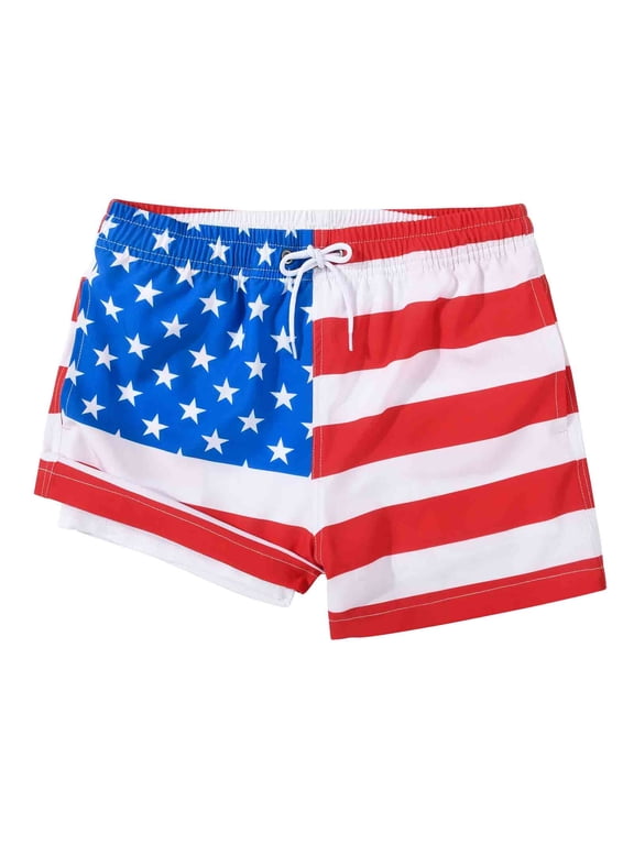 Boy's 2 in 1 Swim Trunks with Liner Funny Printed Swim Shorts for Kids American Flag 14