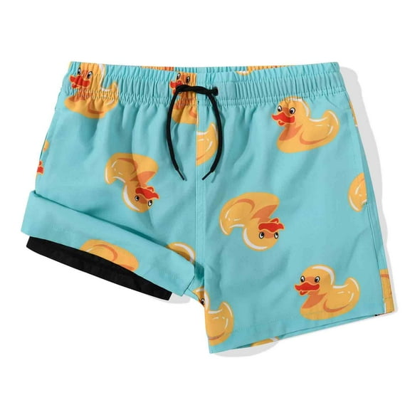 MADHERO Boy's 2 in 1 Swim Trunks with Liner Funny Printed Swim Shorts for Kids Blue Duck 10