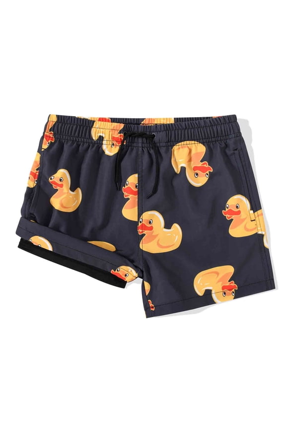 Boy's 2 in 1 Swim Trunks with Liner Funny Printed Swim Shorts for Kids Dar Grey Duck 12