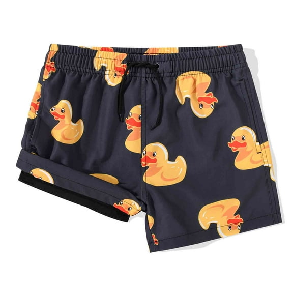 MADHERO Boy's 2 in 1 Swim Trunks with Liner Funny Printed Swim Shorts for Kids Dar Grey Duck 8