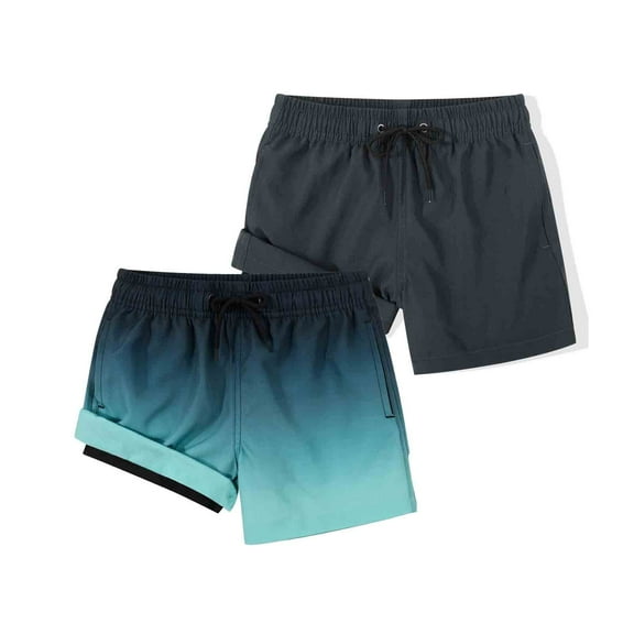 MADHERO Boy's 2 in 1 Swim Trunks with Liner Funny Printed Swim Shorts for Kids Dark Grey/Black Green 6