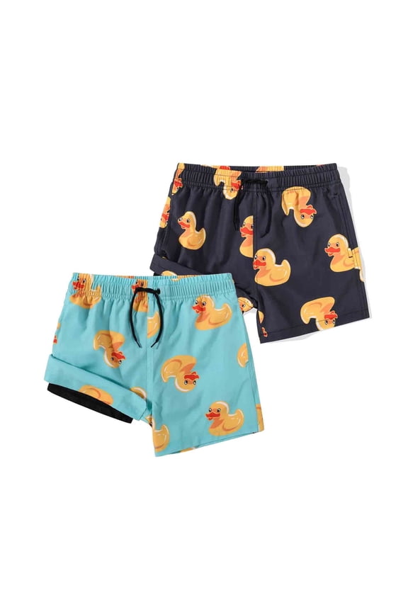 Boy's 2 in 1 Swim Trunks with Liner Funny Printed Swim Shorts for Kids Dark Grey Duck/Blue Duck 12