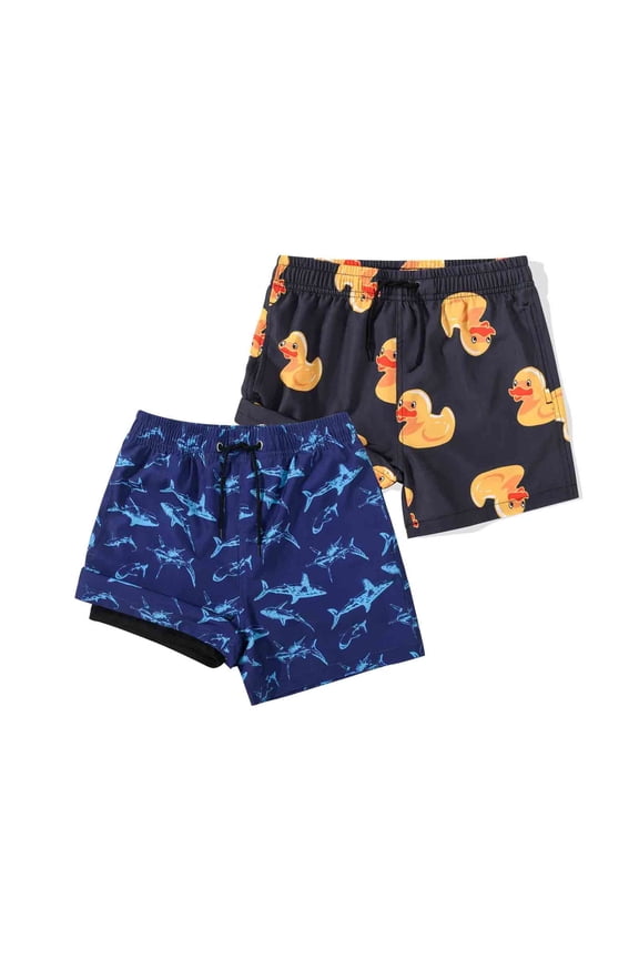 Boy's 2 in 1 Swim Trunks with Liner Funny Printed Swim Shorts for Kids Dark Grey Duck/Shark 10