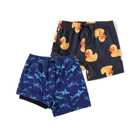MADHERO Boy's 2 in 1 Swim Trunks with Liner Funny Printed Swim Shorts for Kids Dark Grey Duck/Shark 12
