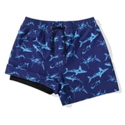 MADHERO Boy's 2 in 1 Swim Trunks with Liner Funny Printed Swim Shorts for Kids Navy Blue Shark 12