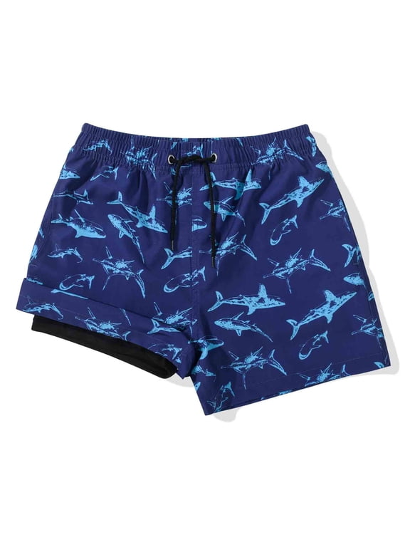 Boy's 2 in 1 Swim Trunks with Liner Funny Printed Swim Shorts for Kids Navy Blue Shark 14