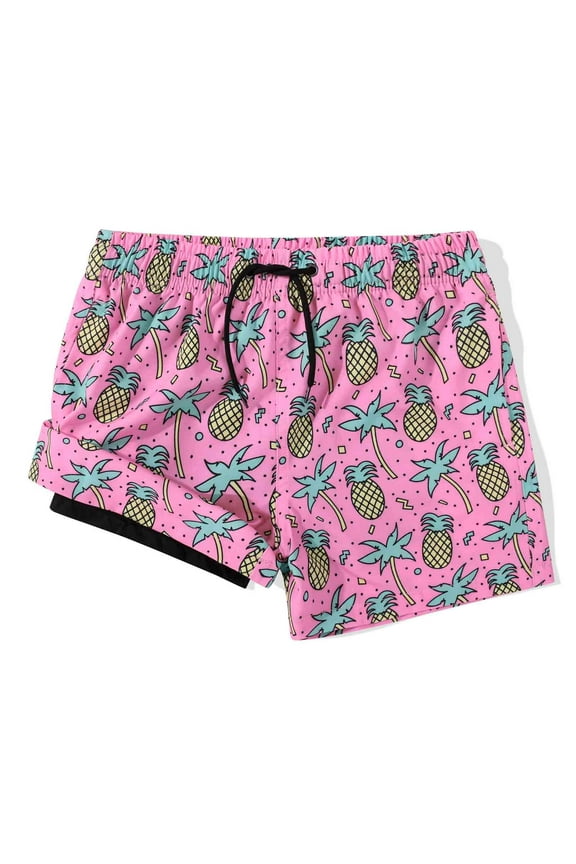 Boy's 2 in 1 Swim Trunks with Liner Funny Printed Swim Shorts for Kids Pink Pineapple 8