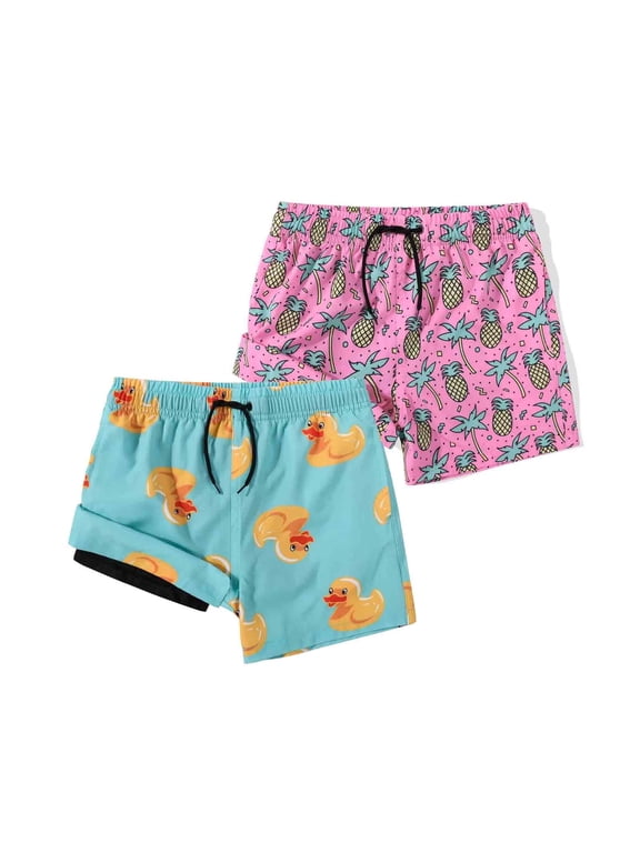 Boy's 2 in 1 Swim Trunks with Liner Funny Printed Swim Shorts for Kids Pink Pineapple/Blue Duck 12