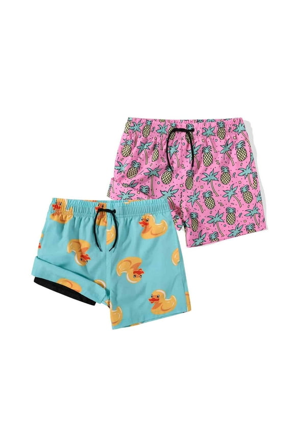 Boy's 2 in 1 Swim Trunks with Liner Funny Printed Swim Shorts for Kids Pink Pineapple/Blue Duck 14