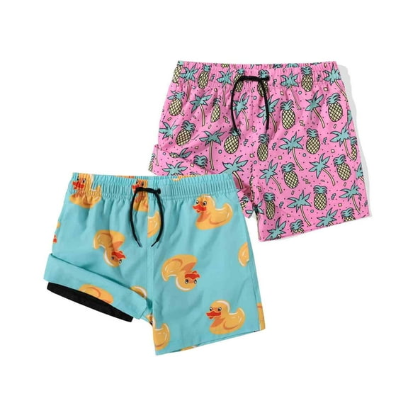 MADHERO Boy's 2 in 1 Swim Trunks with Liner Funny Printed Swim Shorts for Kids Pink Pineapple/Blue Duck 6