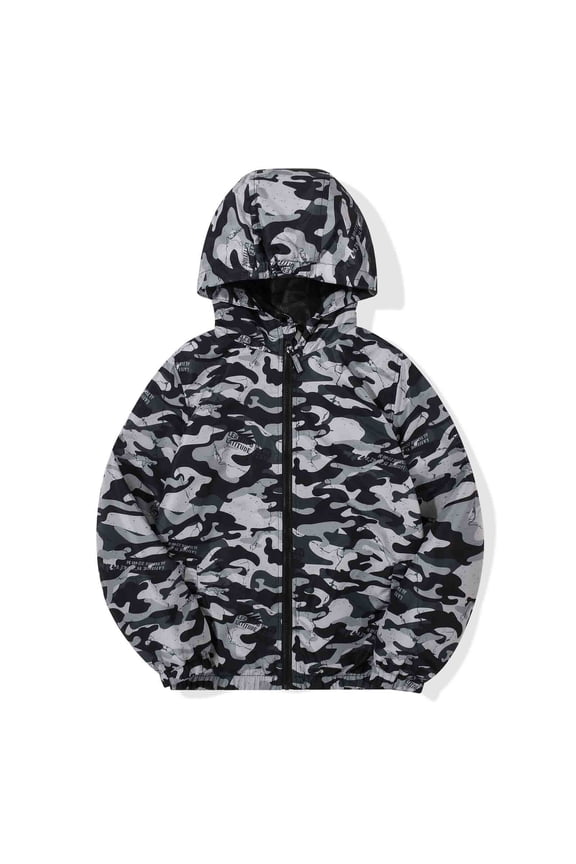 Boys Girls Rain Jacket Lightweight Long Sleeve Windbreaker Black Grey Camo 14