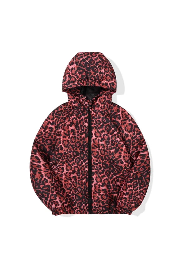 Boys Girls Rain Jacket Lightweight Long Sleeve Windbreaker Red Leopard 14