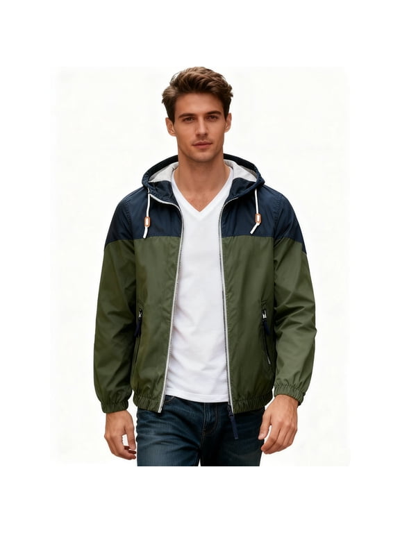 Men's Block Hooded Windbreaker Jacket, Lightweight Waterproof Zip Up Casual Outdoor Windproof Rain Jacket, Athletic Track Coat with Drawstring Hood