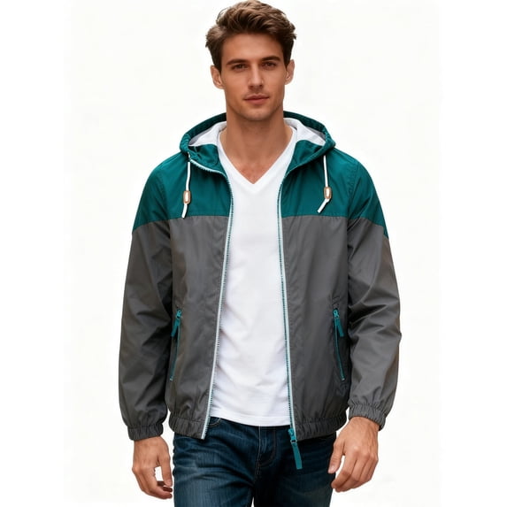 MADHERO Men's Block Hooded Windbreaker Jacket, Lightweight Waterproof Zip Up Casual Outdoor Windproof Rain Jacket, Athletic Track Coat with Drawstring Hood