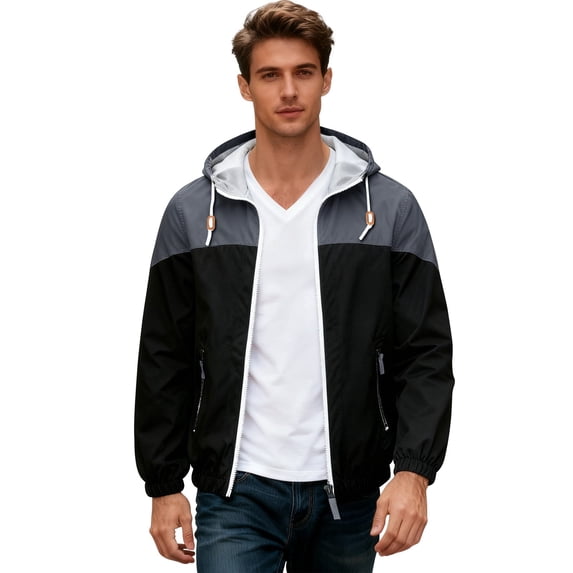 MADHERO Men's Block Hooded Windbreaker Jacket, Lightweight Waterproof Zip Up Casual Outdoor Windproof Rain Jacket, Athletic Track Coat with Drawstring Hood