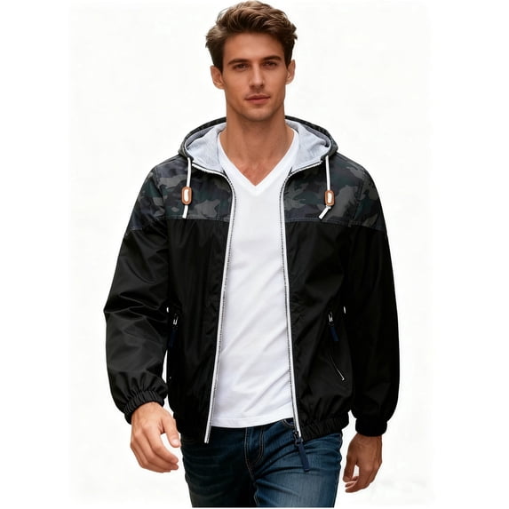 MADHERO Men's Block Hooded Windbreaker Jacket, Lightweight Waterproof Zip Up Casual Outdoor Windproof Rain Jacket, Athletic Track Coat with Drawstring Hood