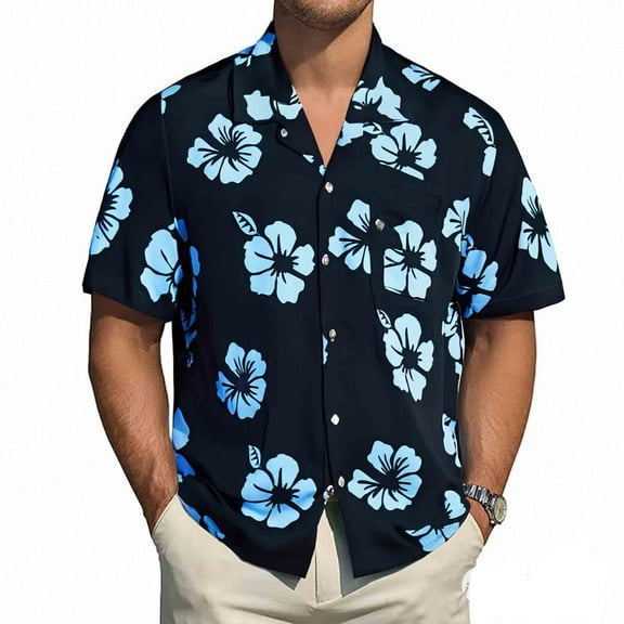 MADHERO Men's Hawaiian Shirts Casual Funny Print Short Sleeve Button Down Beach Shirts Navy Blue Blue Floral Size 2XL