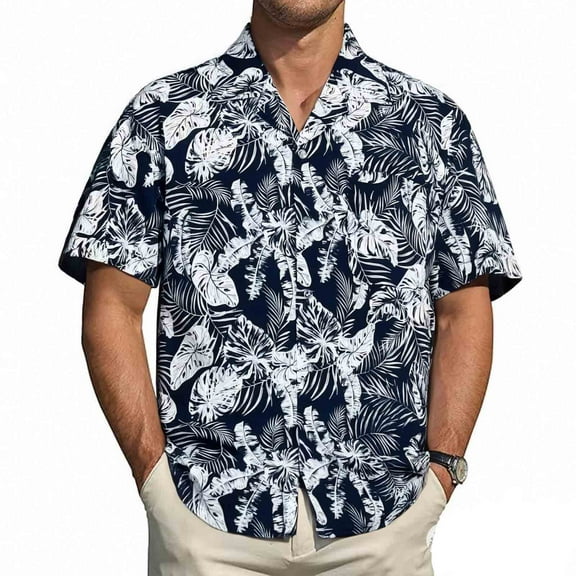 MADHERO Men's Hawaiian Shirts Casual Funny Print Short Sleeve Button Down Beach Shirts Navy Blue Size M