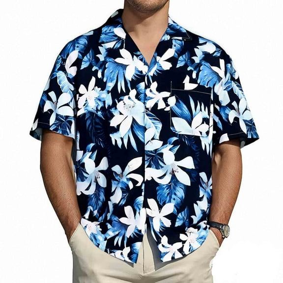 MADHERO Men's Hawaiian Shirts Casual Funny Print Short Sleeve Button Down Beach Shirts Navy Blue White Floral Size L