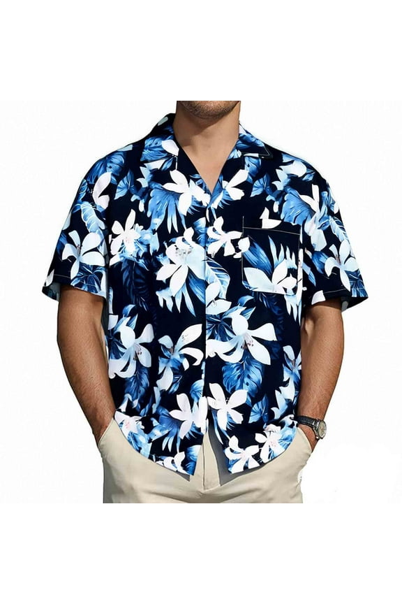 Men's Hawaiian Shirts Casual Funny Print Short Sleeve Button Down Beach Shirts Navy Blue White Floral Size L