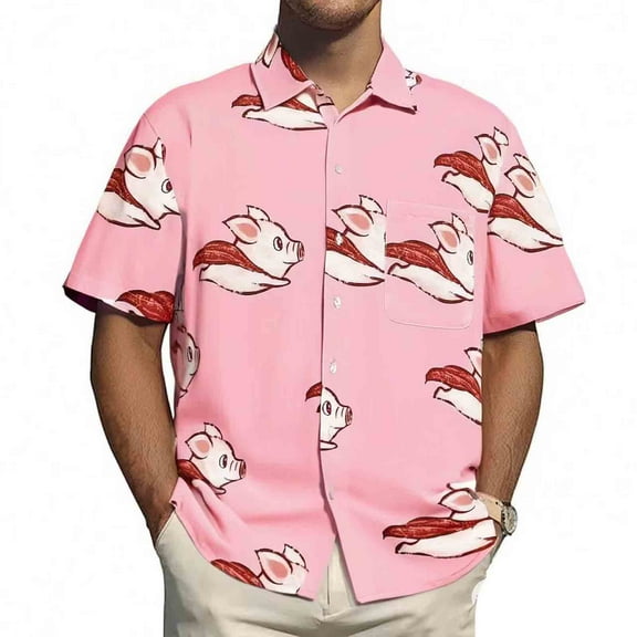 MADHERO Men's Hawaiian Shirts Casual Funny Print Short Sleeve Lapel Beach Shirts Pink Pig Size XL