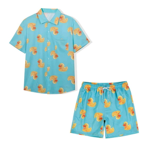 MADHERO Men's Hawaiian Suits Funny Ombre Print Summer Beach Short Sleeve and Shorts Outfits Blue Duck Size M