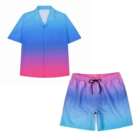 MADHERO Men;s Hawaiian Suits Funny Ombre Print Summer Beach Short Sleeve and Shorts Outfits Purple Red Size 2XL